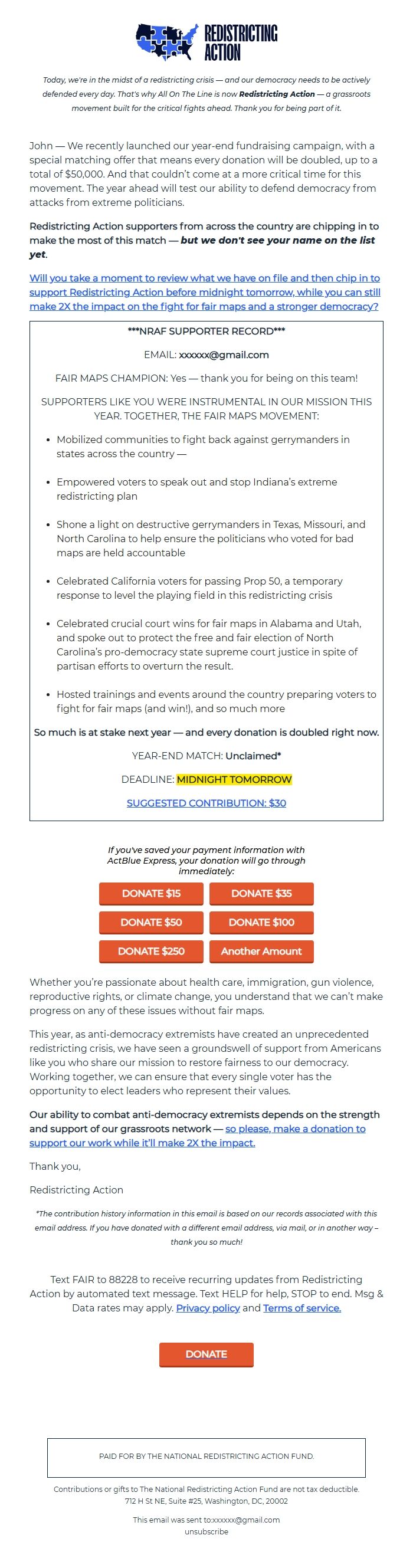 Screenshot of the email generated on import