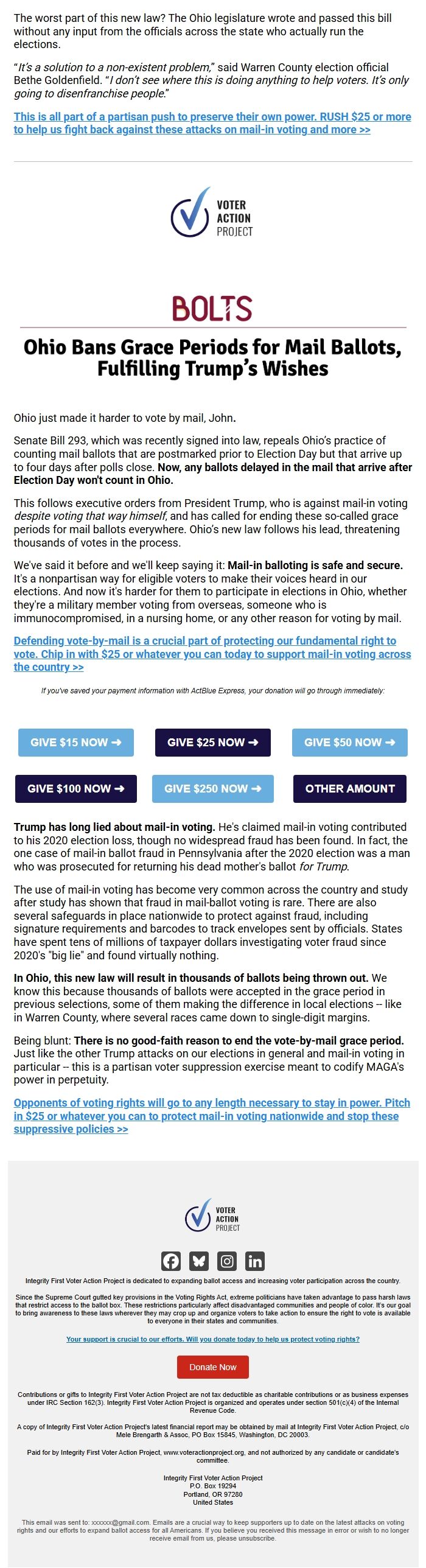 Screenshot of the email generated on import