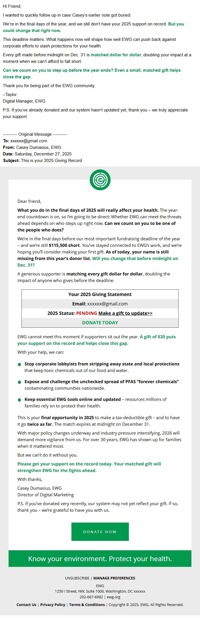 Screenshot of the email generated on import