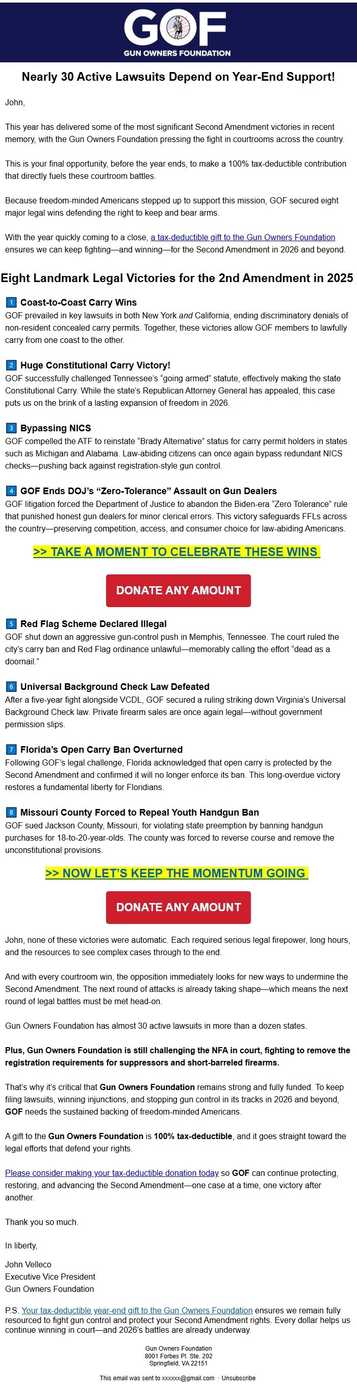 Screenshot of the email generated on import