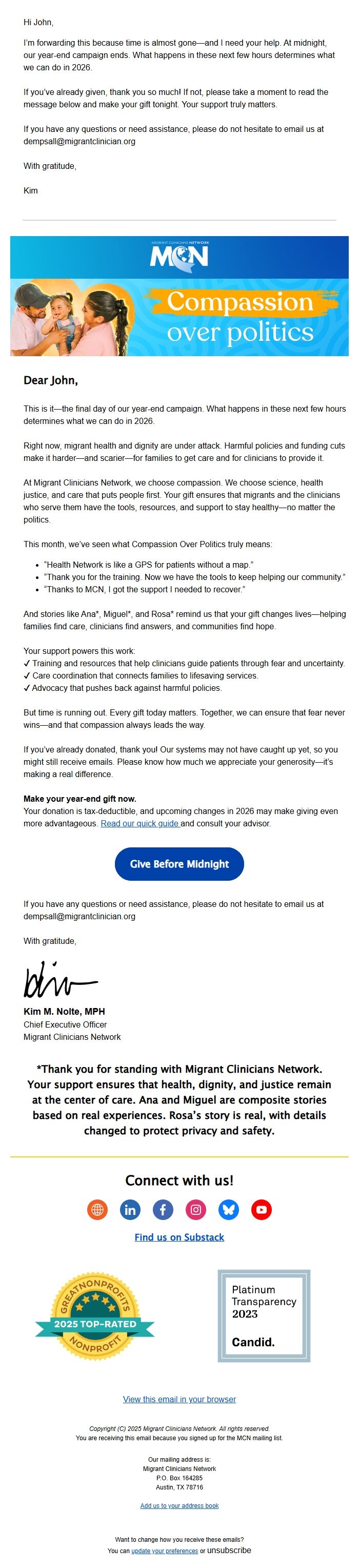 Screenshot of the email generated on import