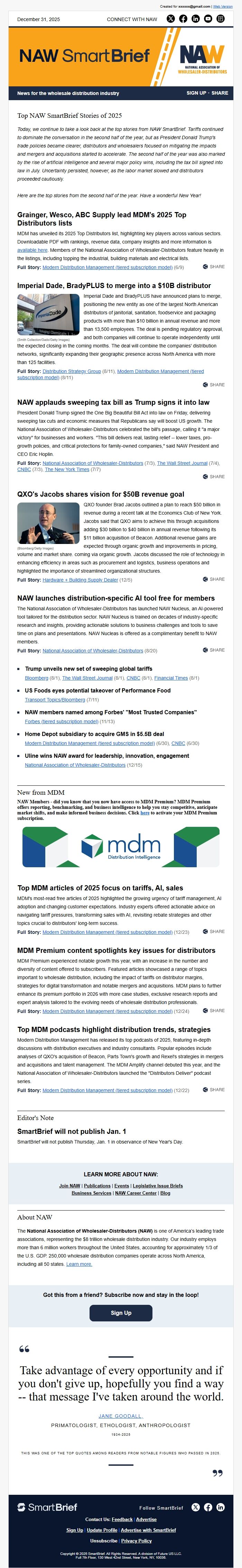 Screenshot of the email generated on import