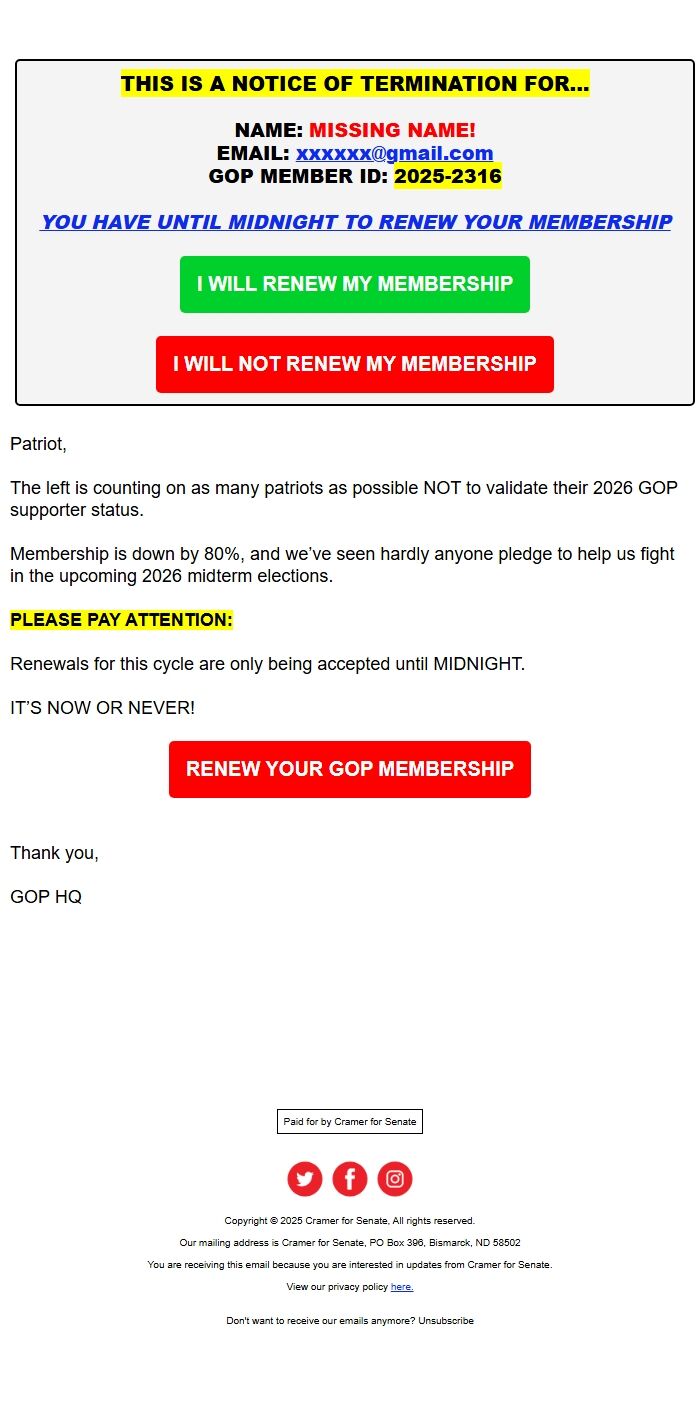 Screenshot of the email generated on import