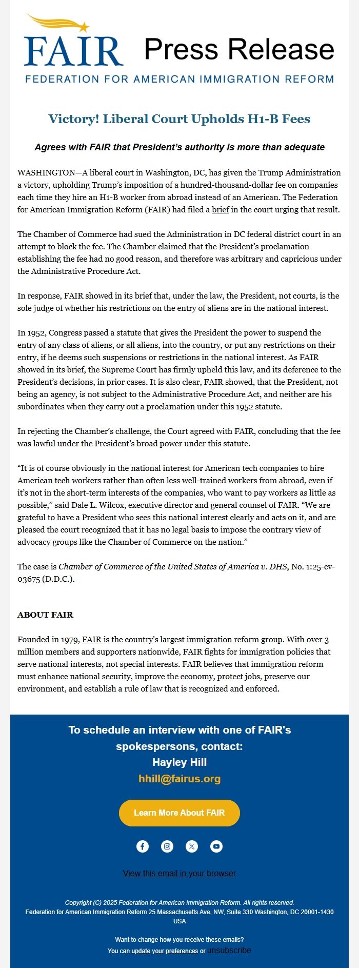 Screenshot of the email generated on import