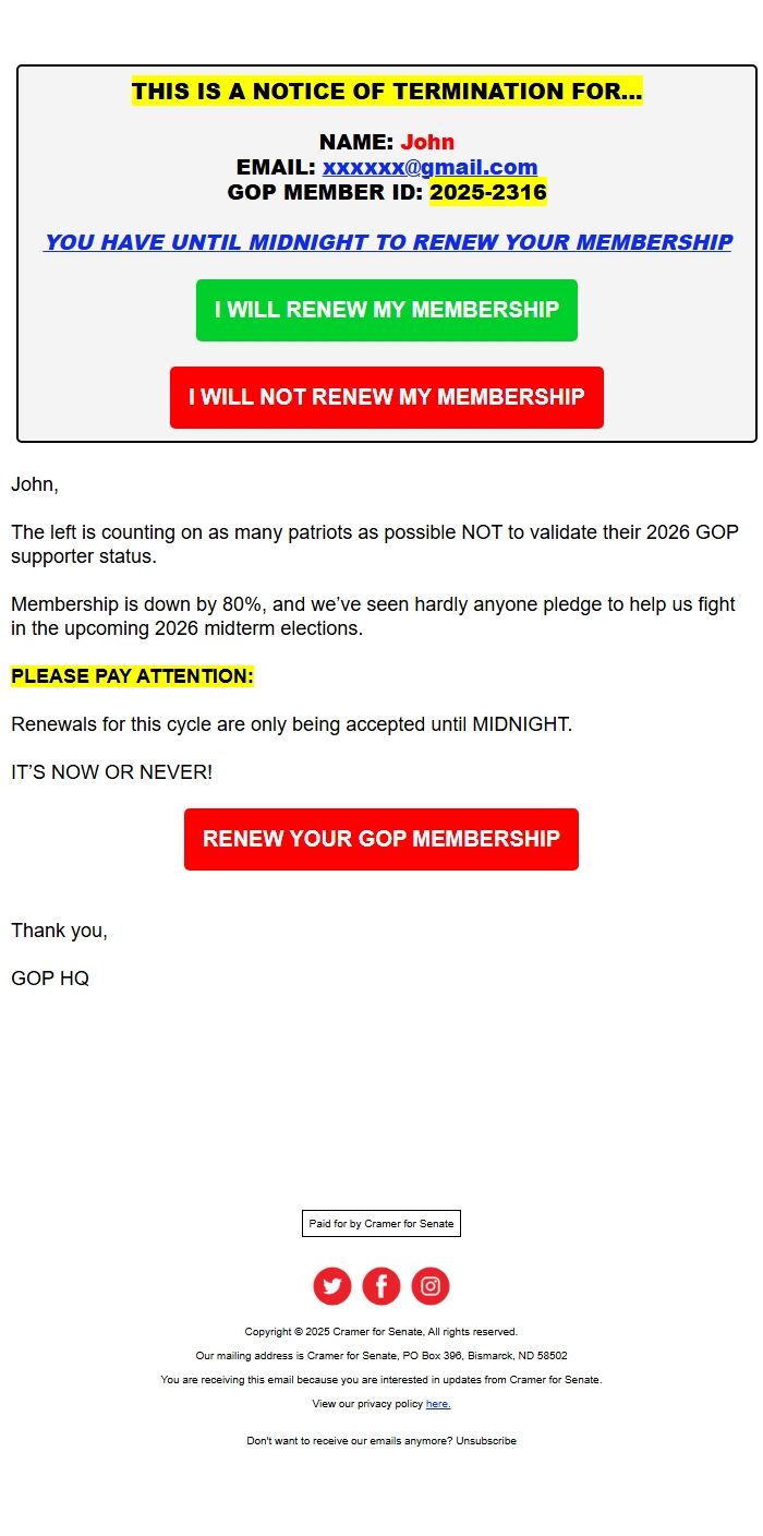 Screenshot of the email generated on import