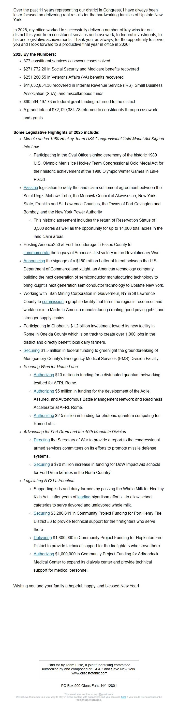 Screenshot of the email generated on import