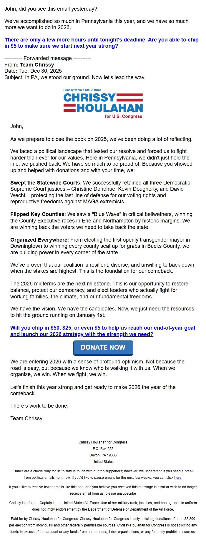 Screenshot of the email generated on import