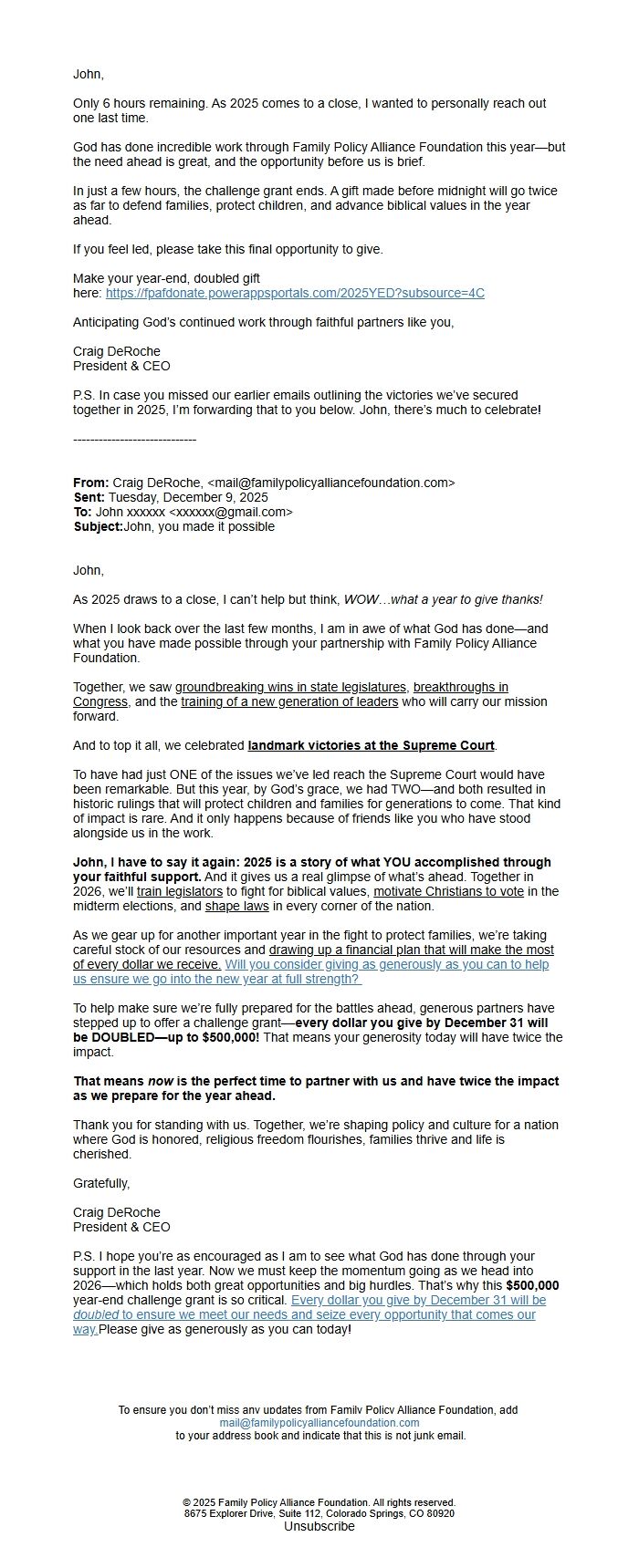 Screenshot of the email generated on import