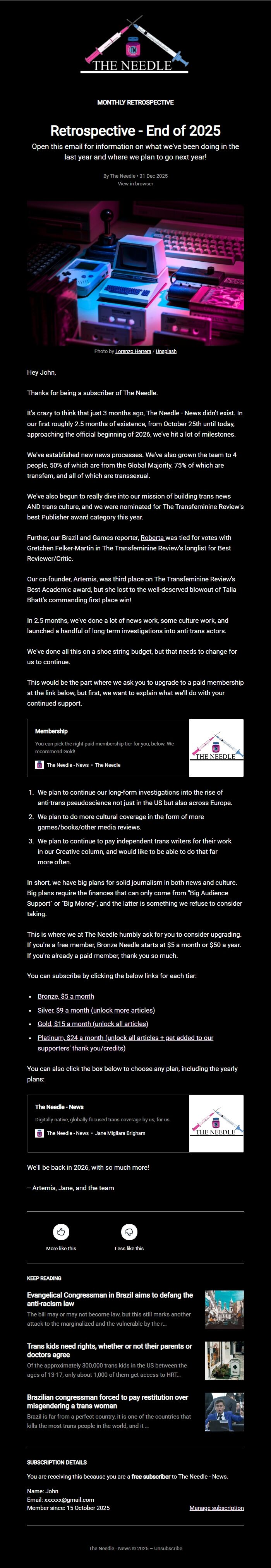 Screenshot of the email generated on import