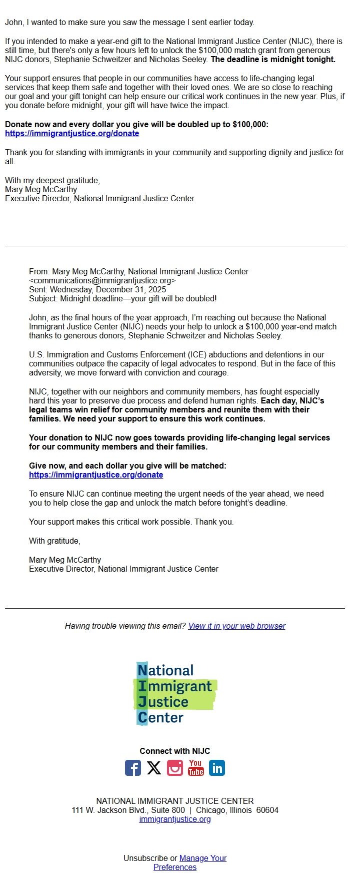 Screenshot of the email generated on import