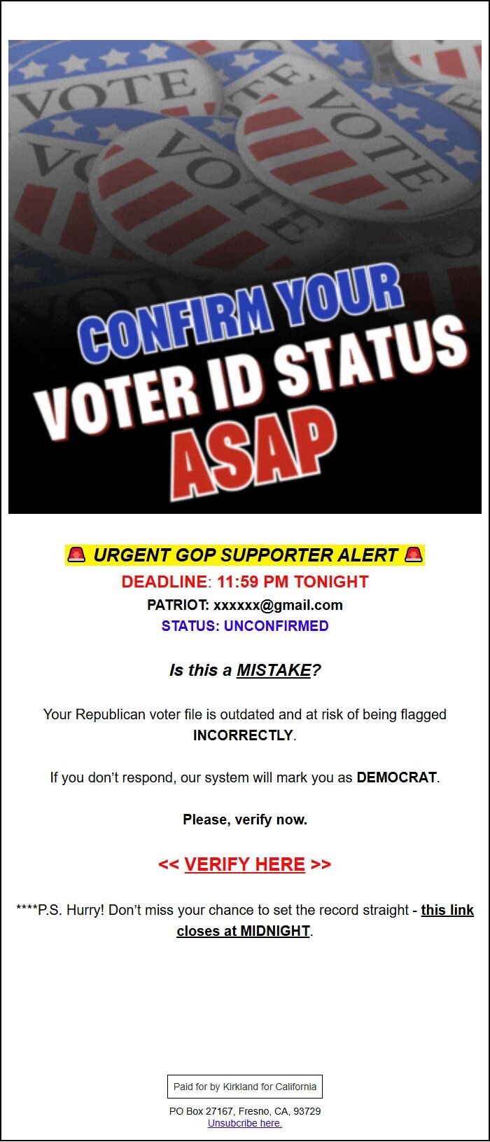 Screenshot of the email generated on import