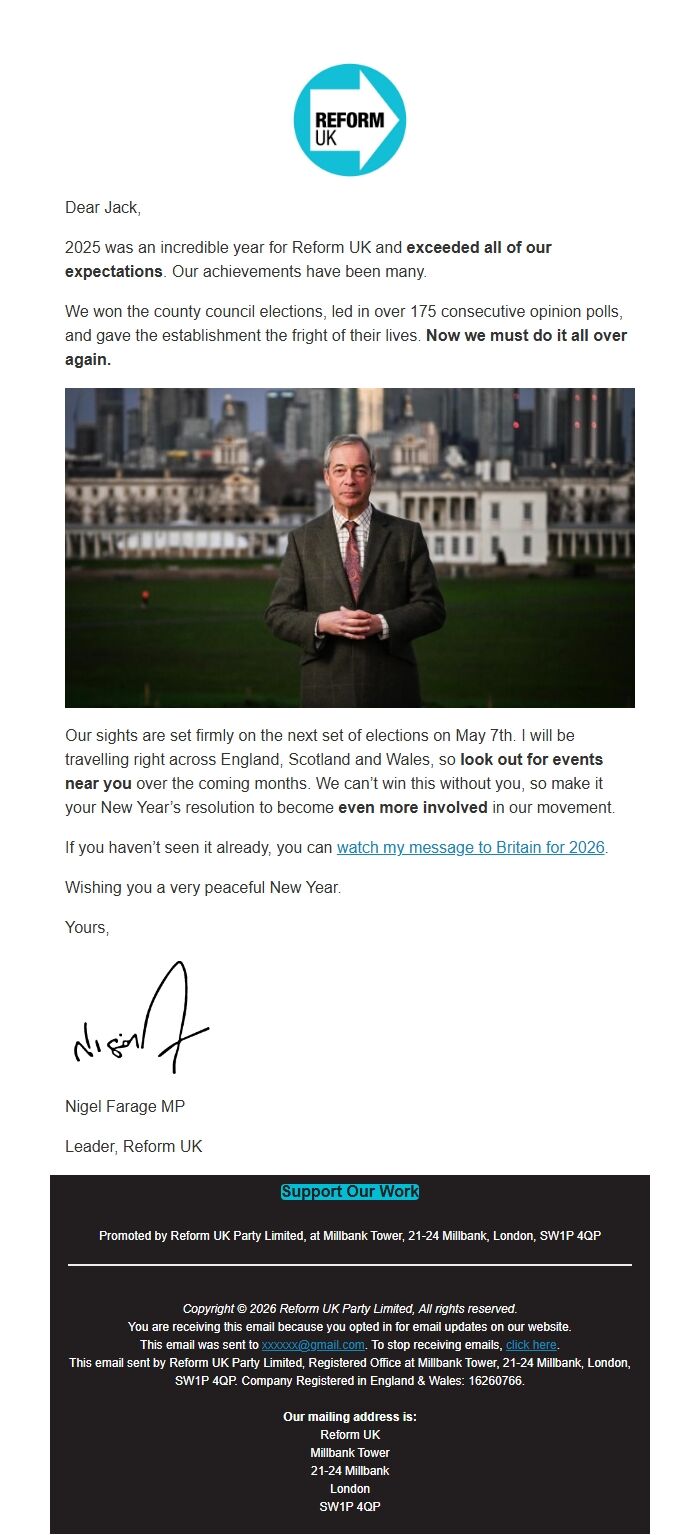 Screenshot of the email generated on import