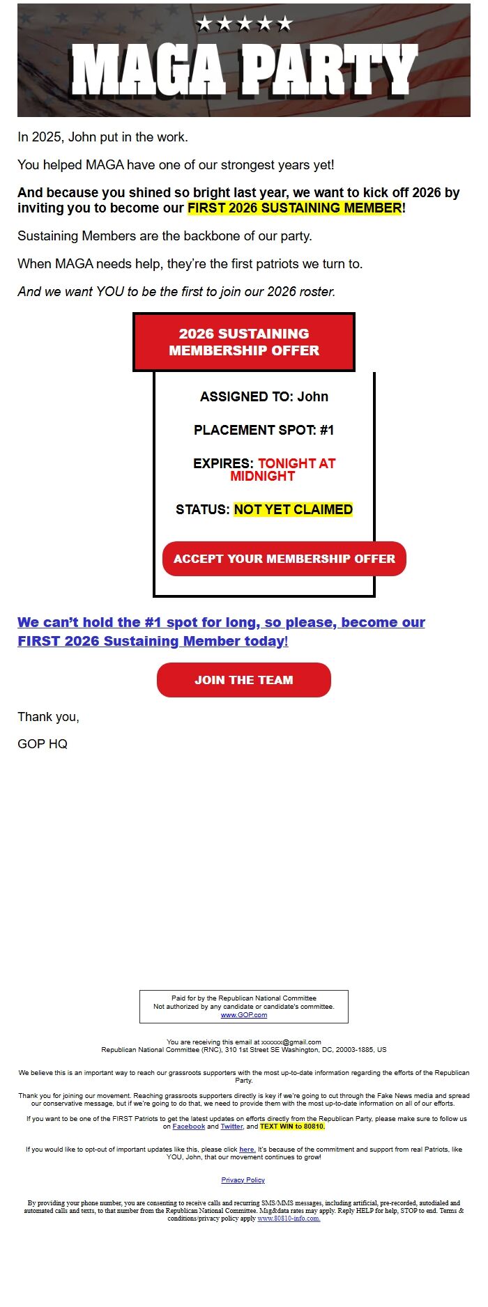 Screenshot of the email generated on import