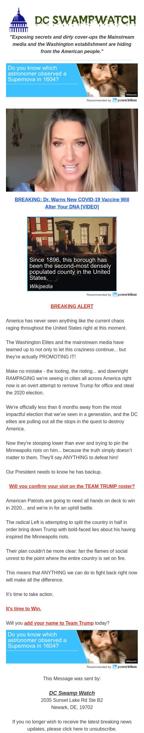 Screenshot of the email generated on import