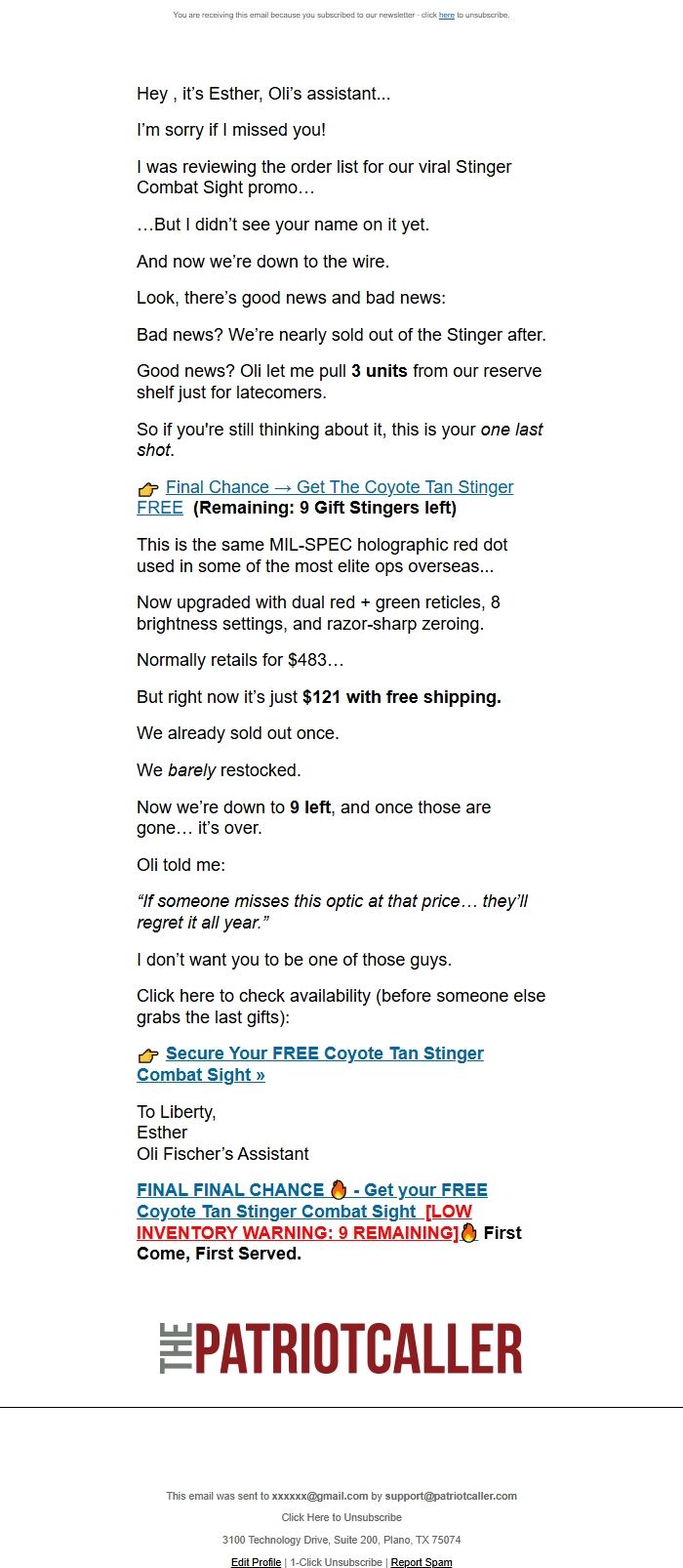 Screenshot of the email generated on import