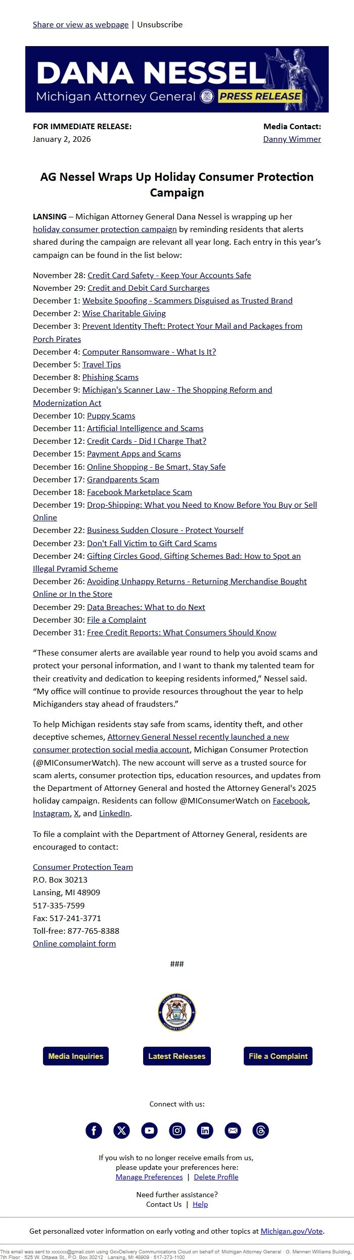 Screenshot of the email generated on import