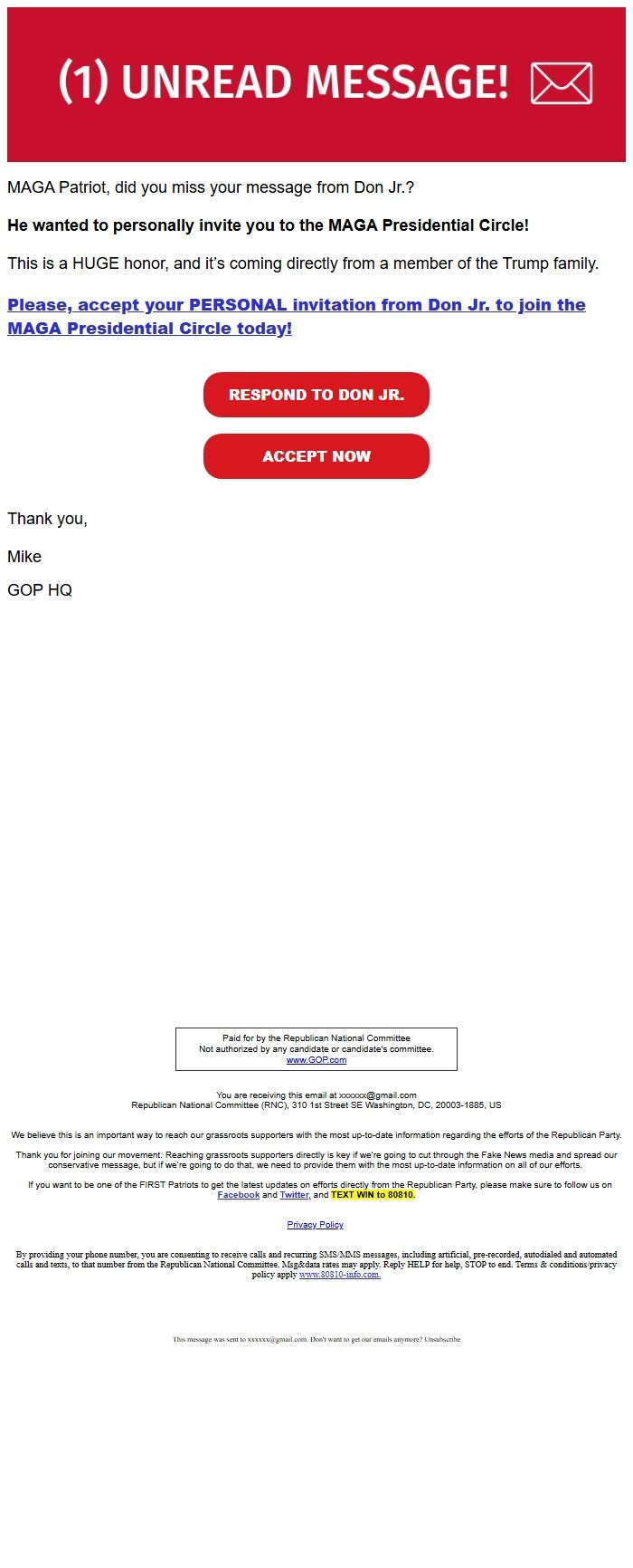 Screenshot of the email generated on import