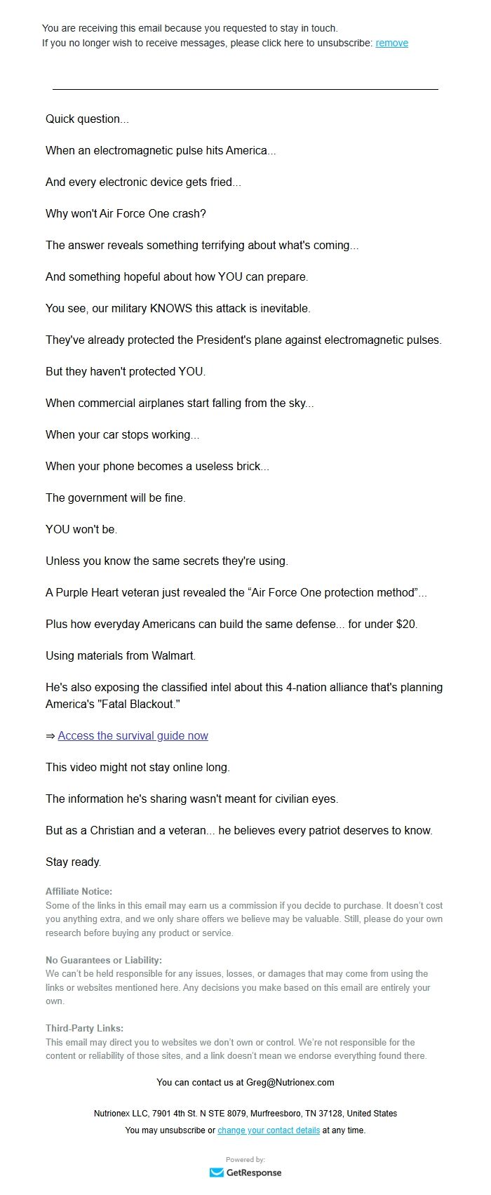 Screenshot of the email generated on import