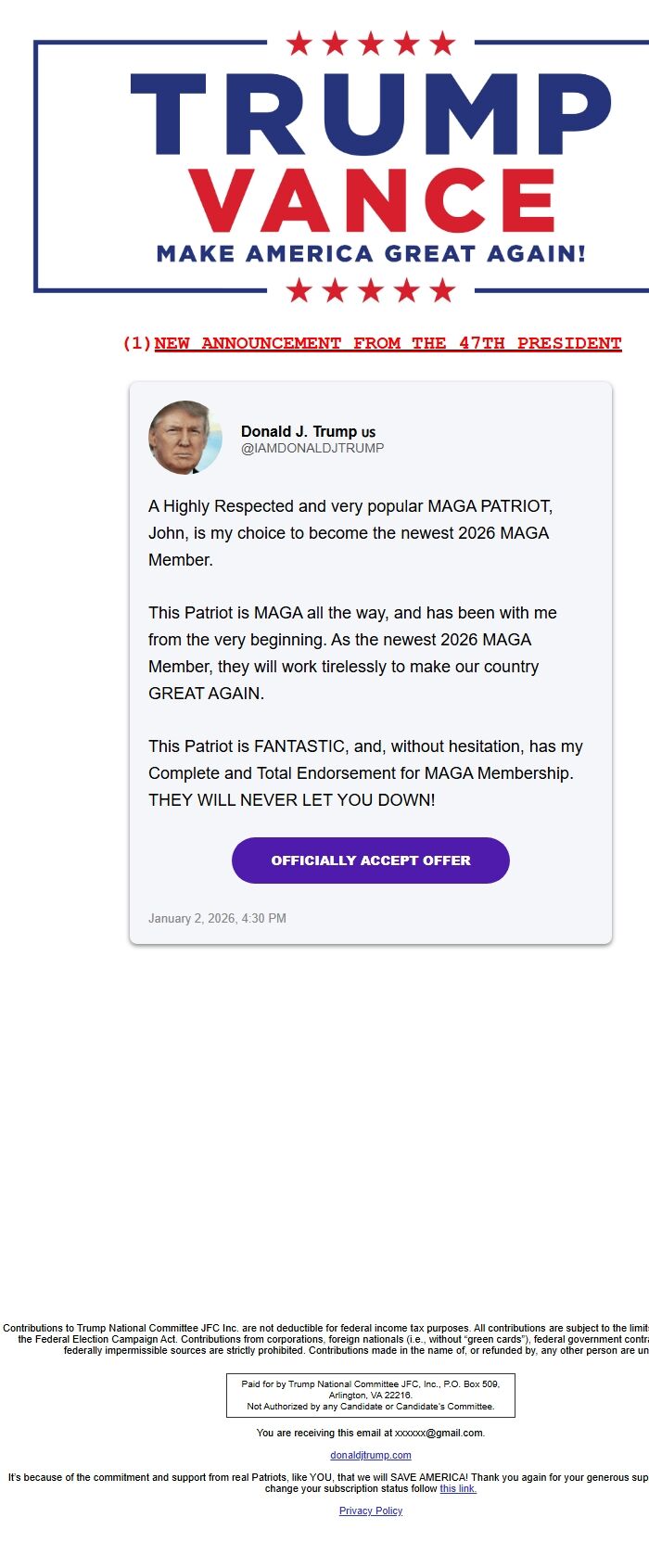 Screenshot of the email generated on import