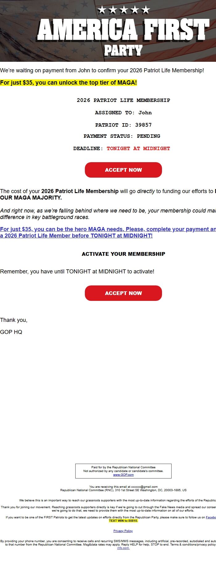 Screenshot of the email generated on import