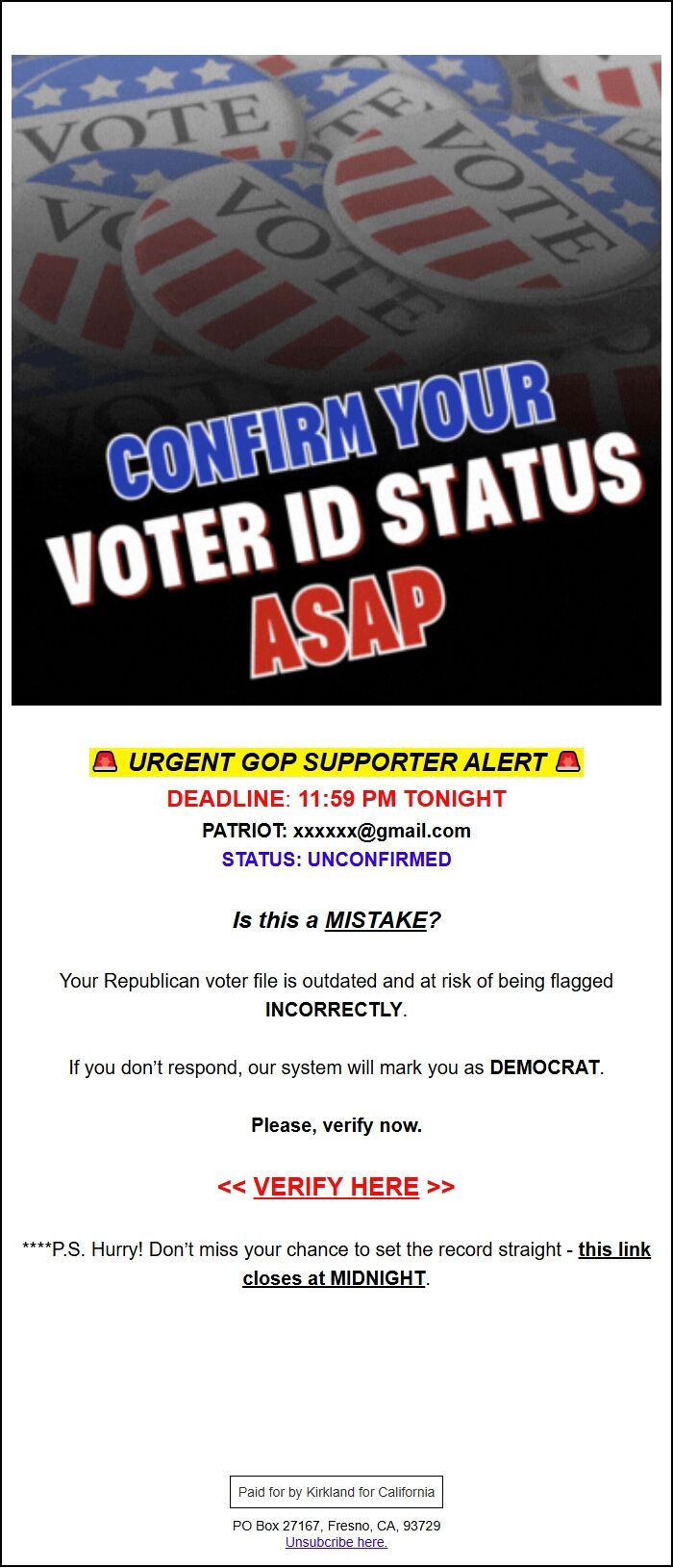 Screenshot of the email generated on import