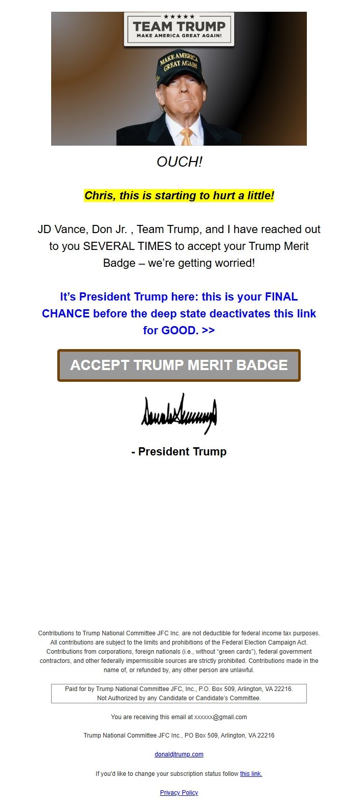 Screenshot of the email generated on import