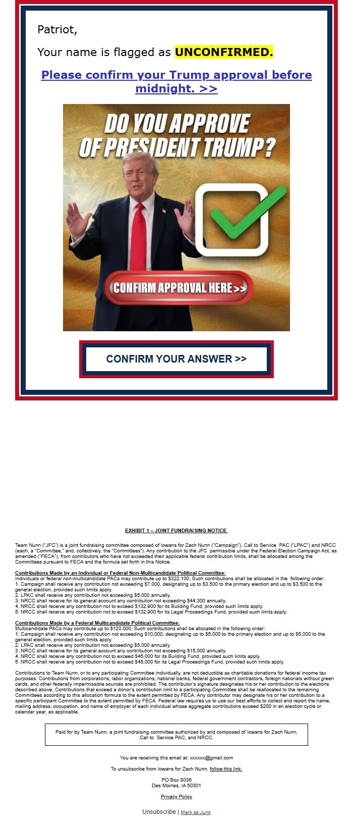 Screenshot of the email generated on import