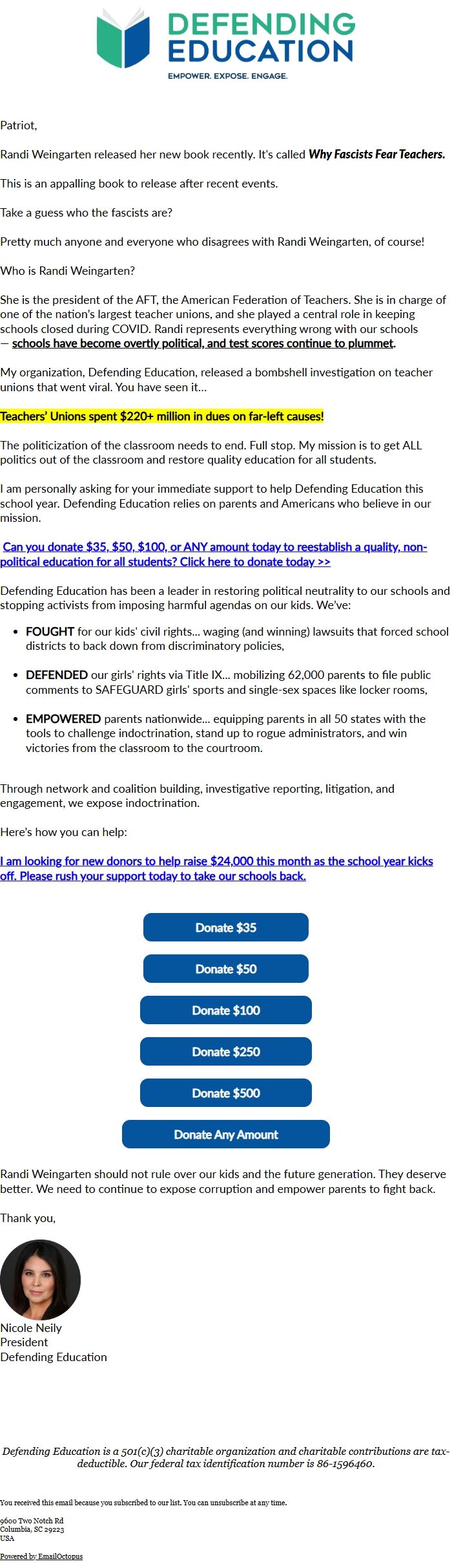 Screenshot of the email generated on import