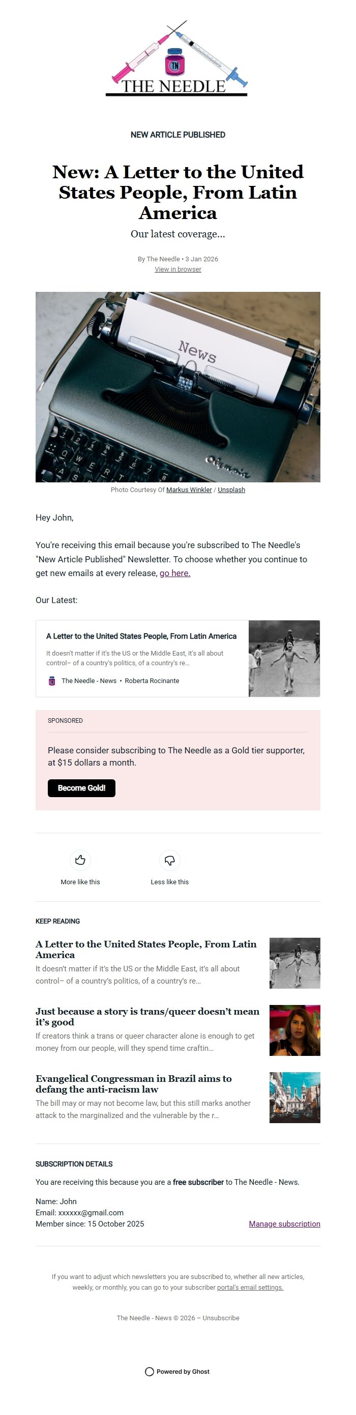 Screenshot of the email generated on import