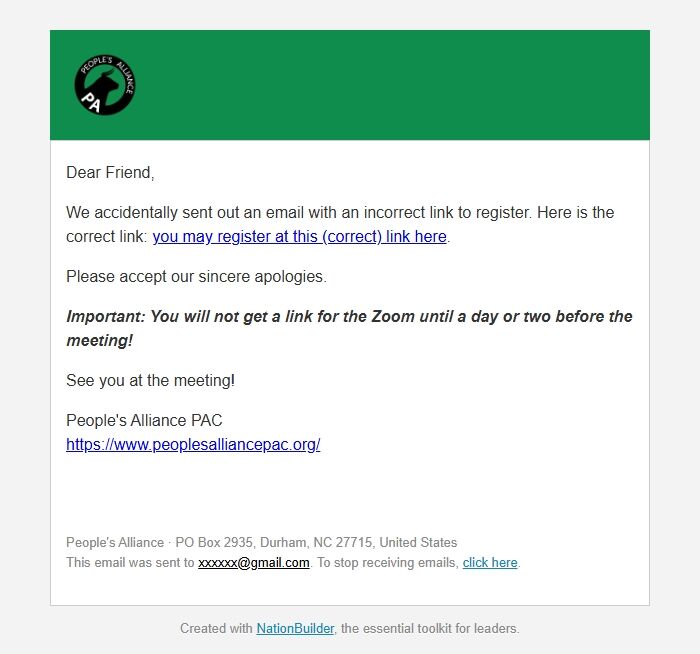 Screenshot of the email generated on import