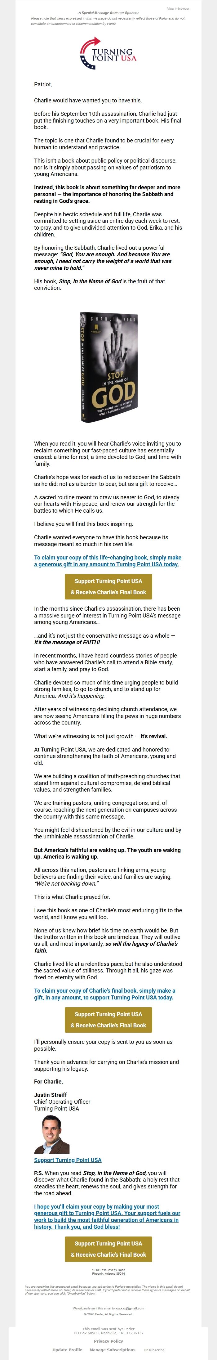 Screenshot of the email generated on import