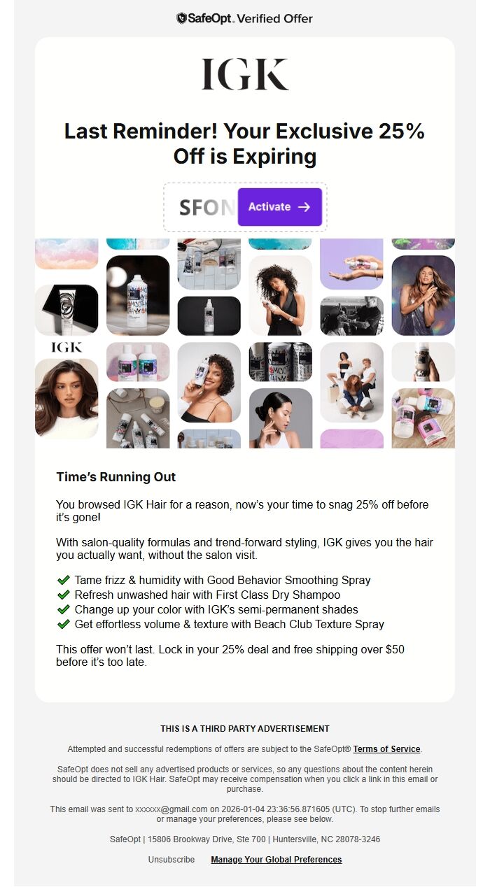 Screenshot of the email generated on import