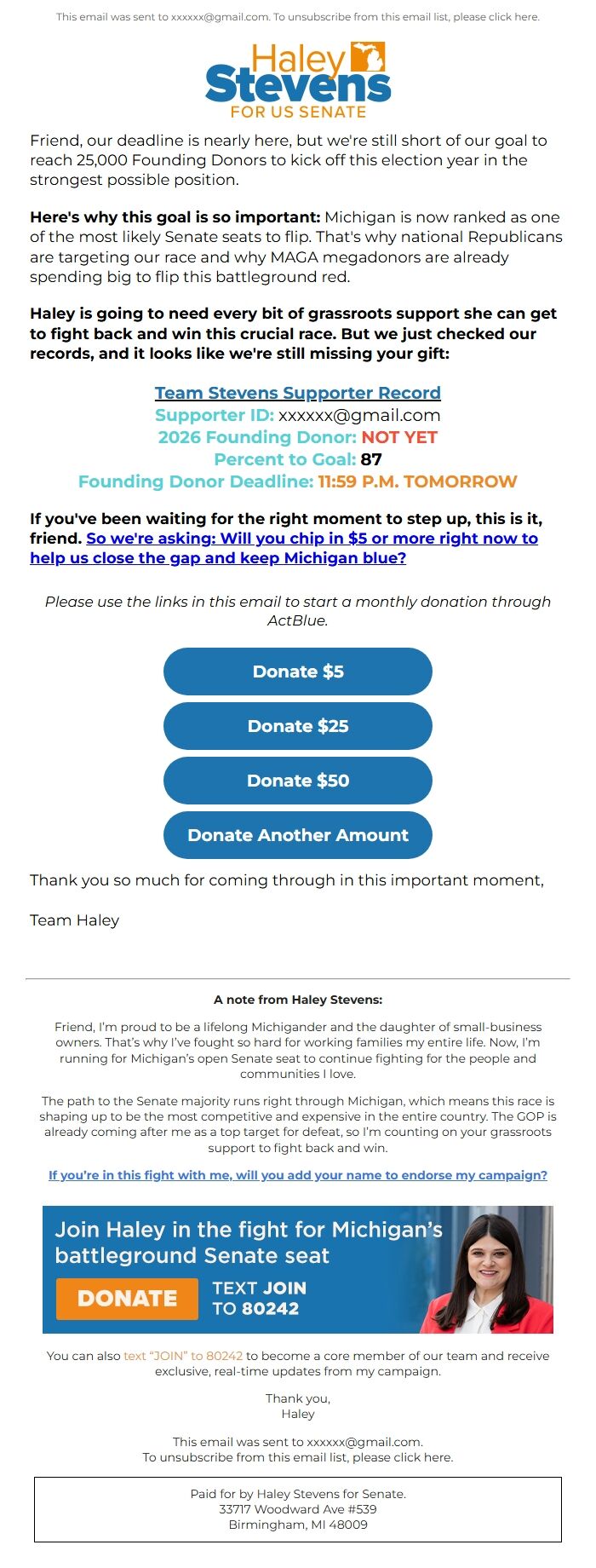 Screenshot of the email generated on import