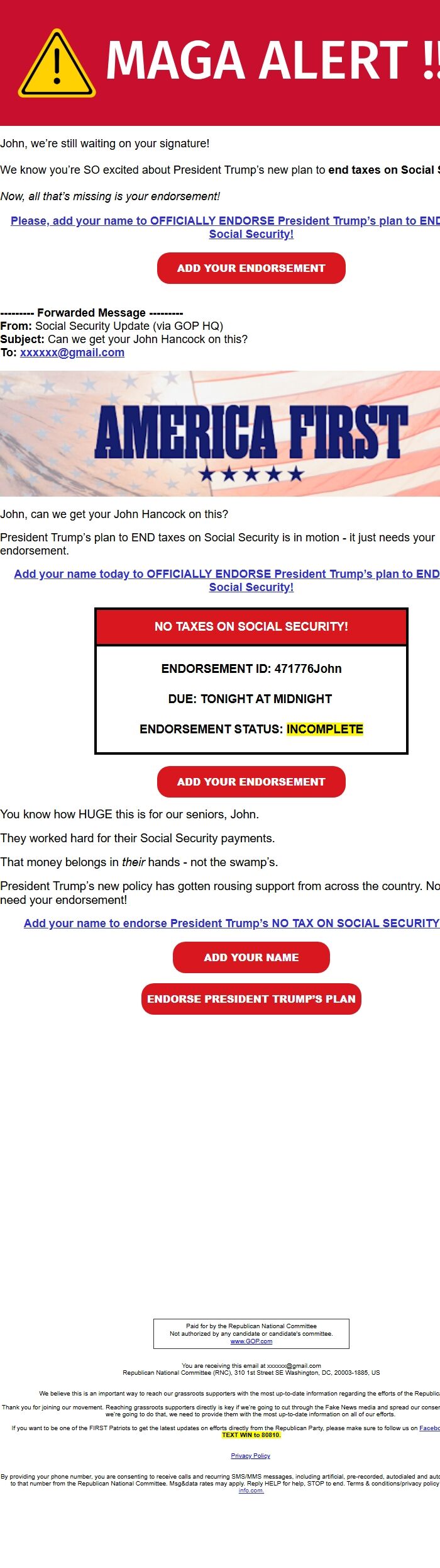 Screenshot of the email generated on import