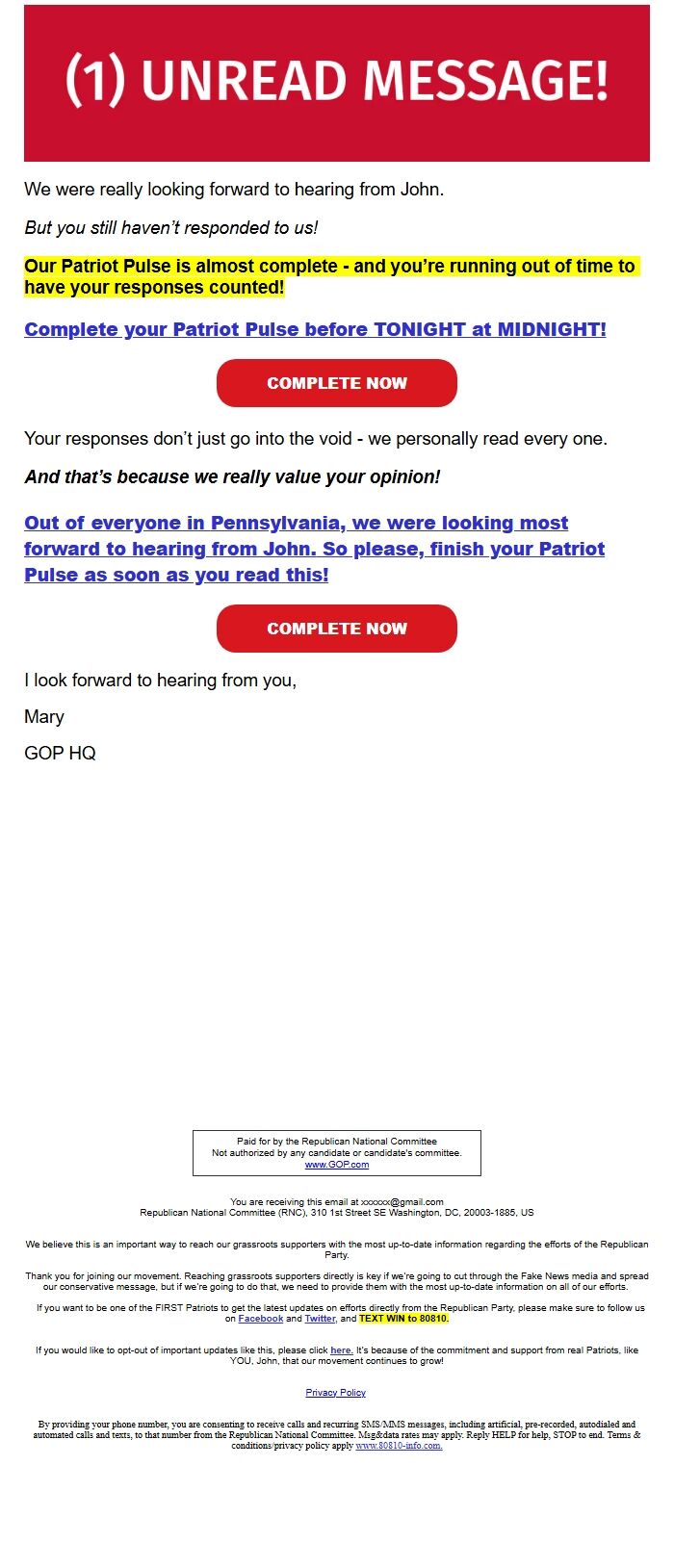 Screenshot of the email generated on import