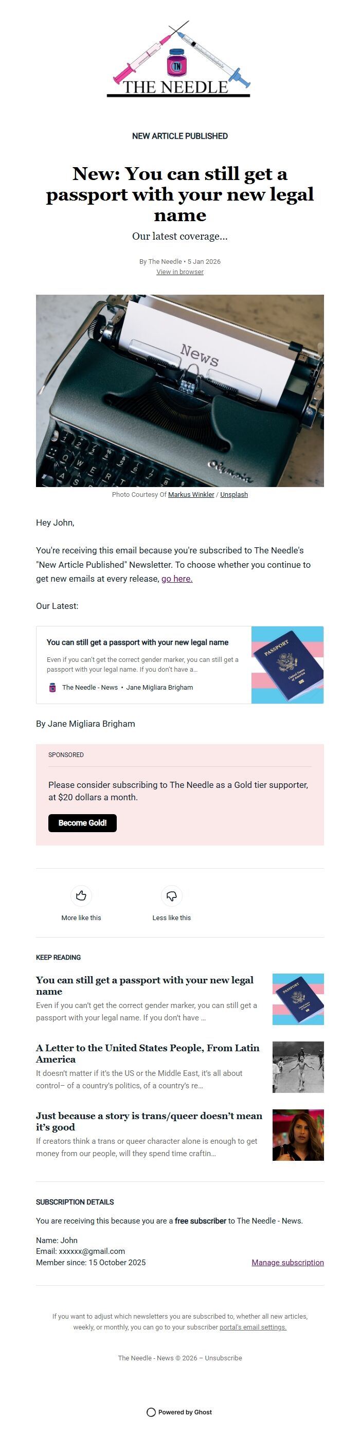 Screenshot of the email generated on import