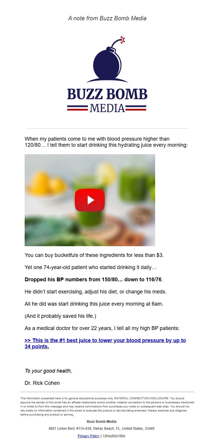 Screenshot of the email generated on import