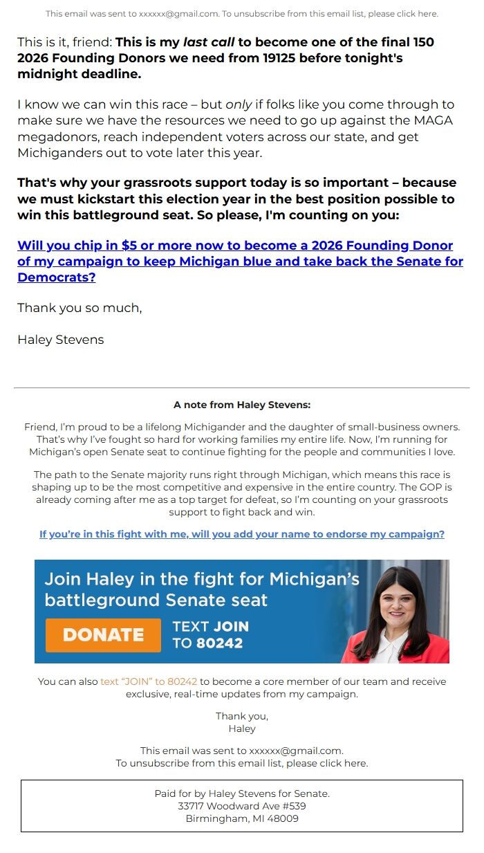 Screenshot of the email generated on import