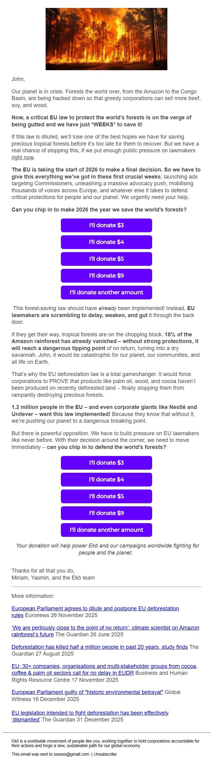 Screenshot of the email generated on import