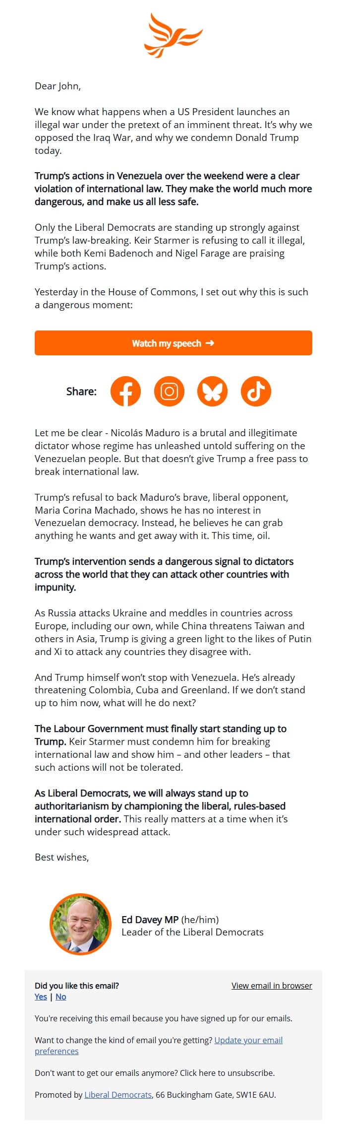 Screenshot of the email generated on import