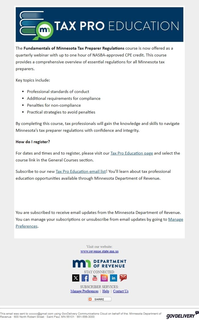 Screenshot of the email generated on import