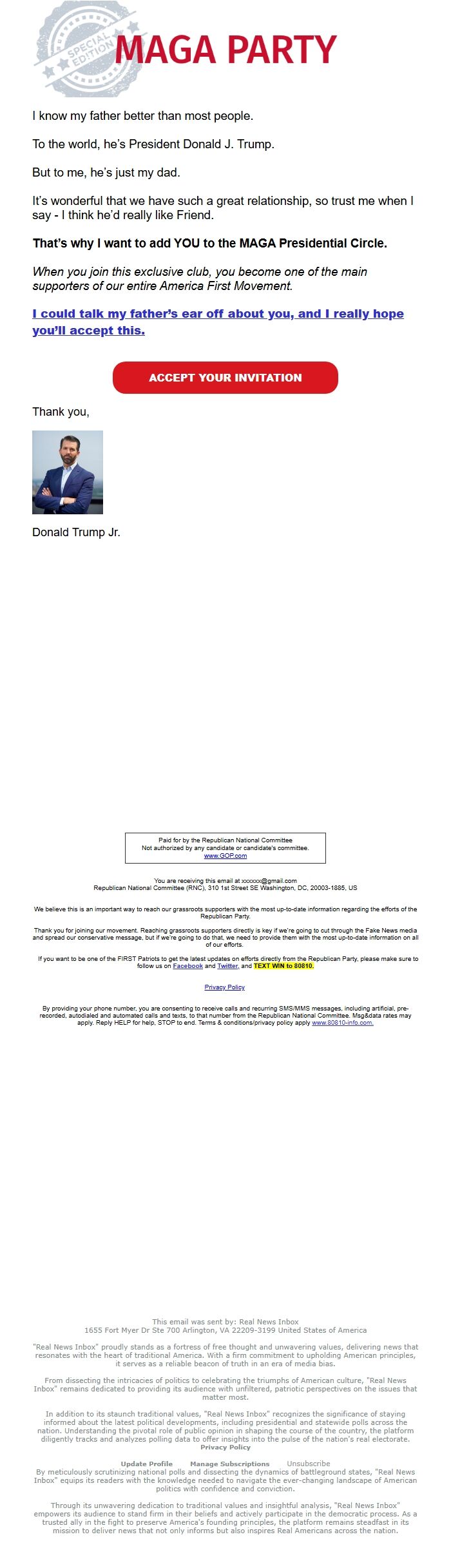 Screenshot of the email generated on import