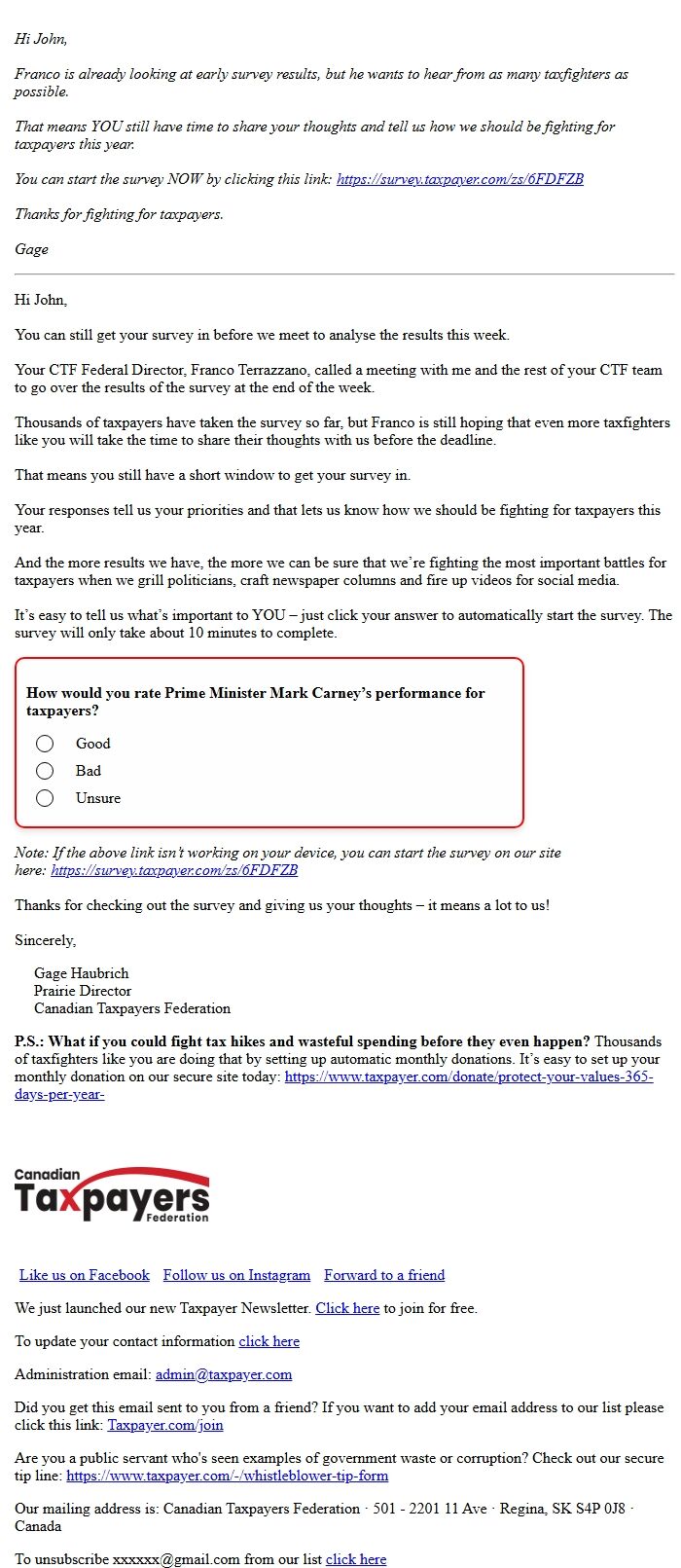 Screenshot of the email generated on import