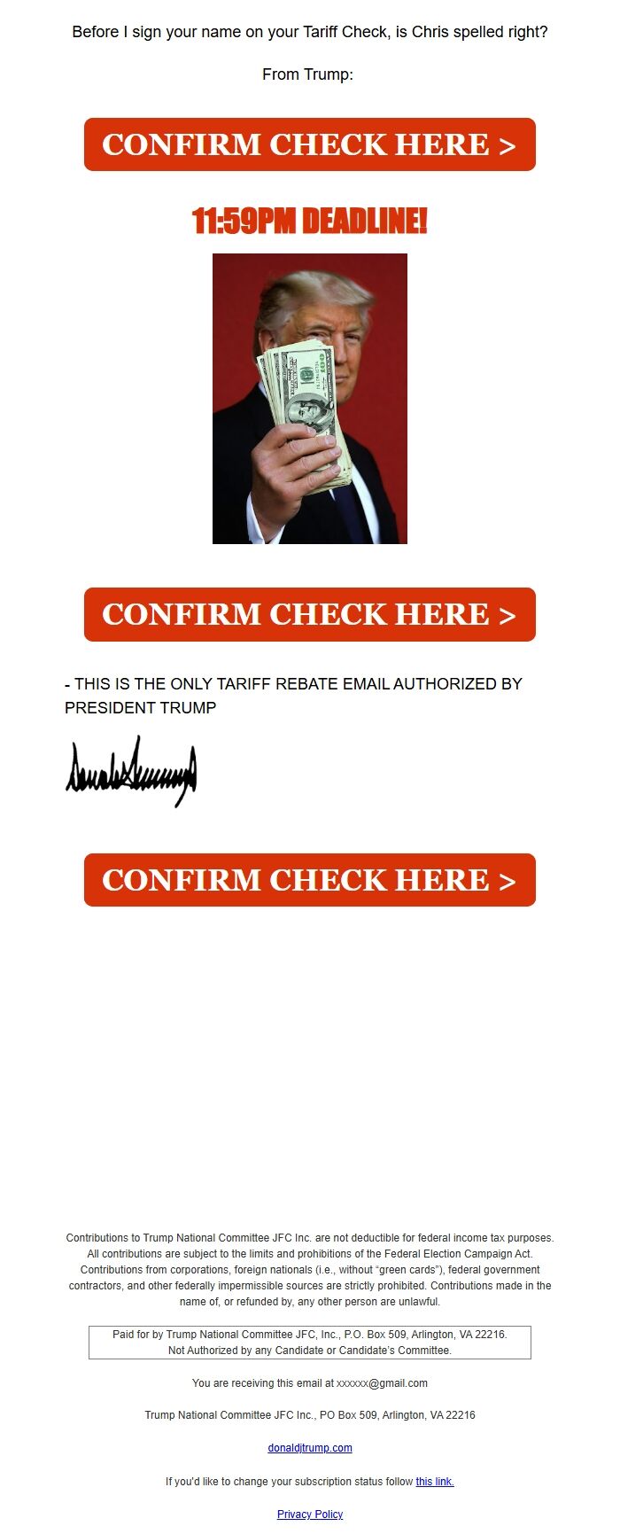 Screenshot of the email generated on import