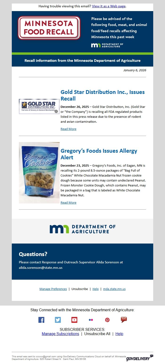 Screenshot of the email generated on import