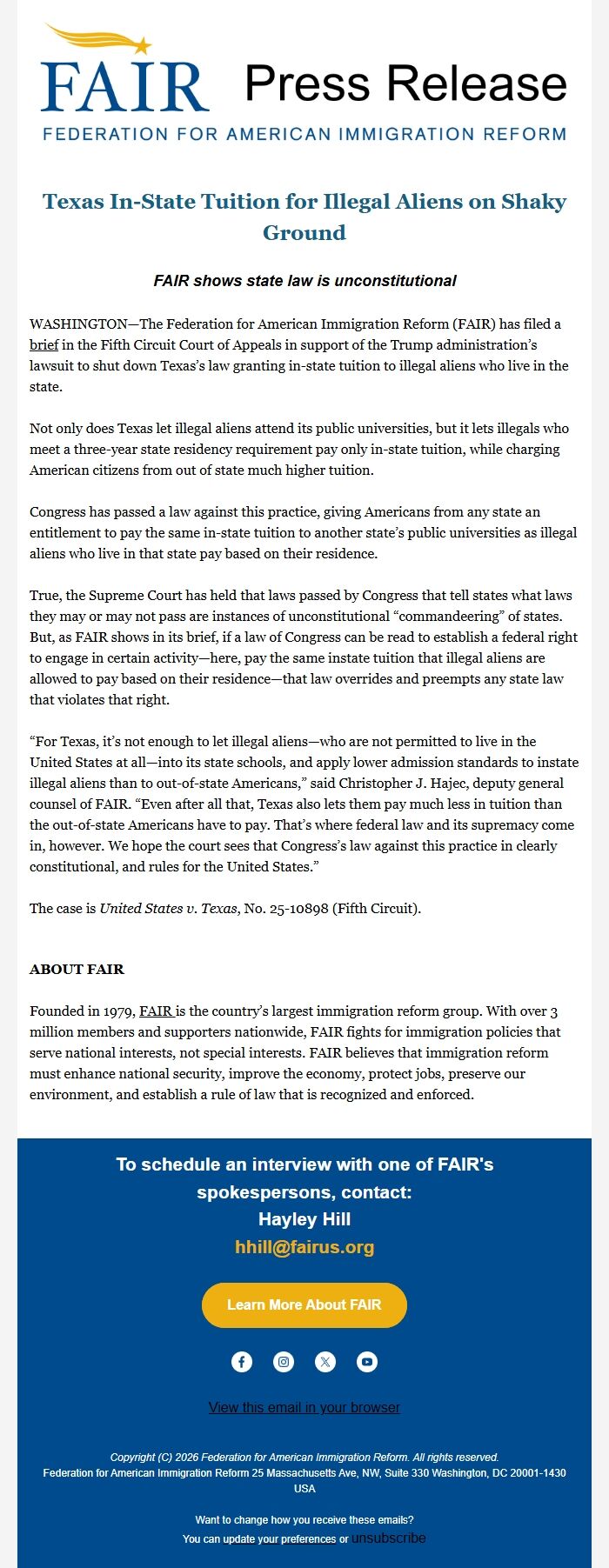 Screenshot of the email generated on import