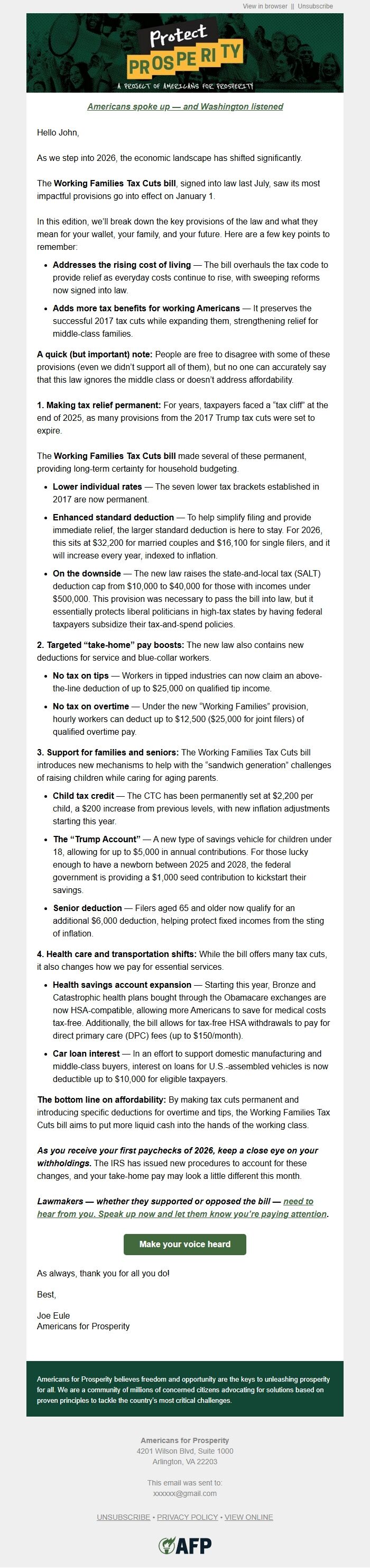 Screenshot of the email generated on import