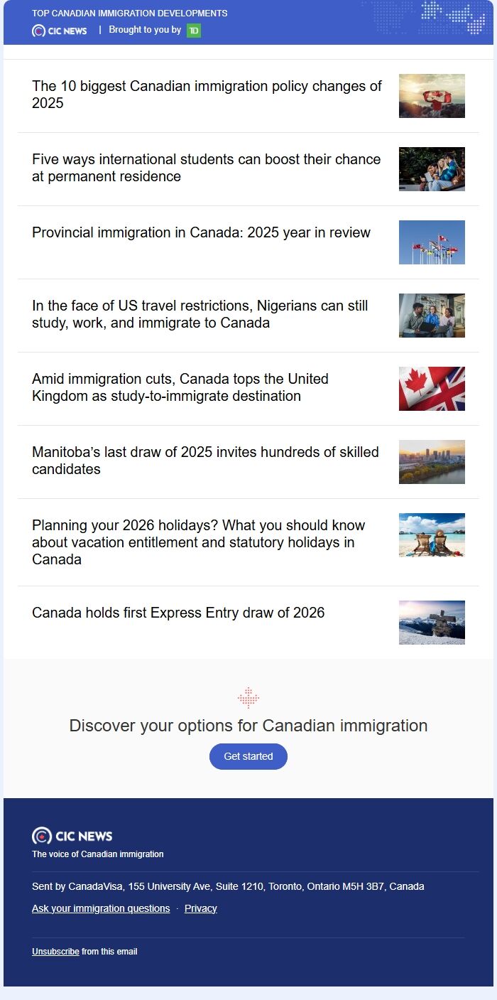 Screenshot of the email generated on import
