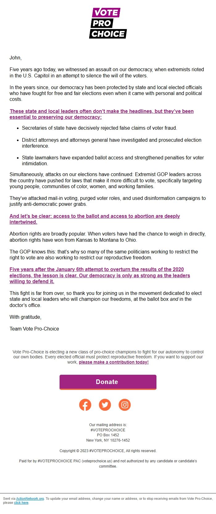 Screenshot of the email generated on import