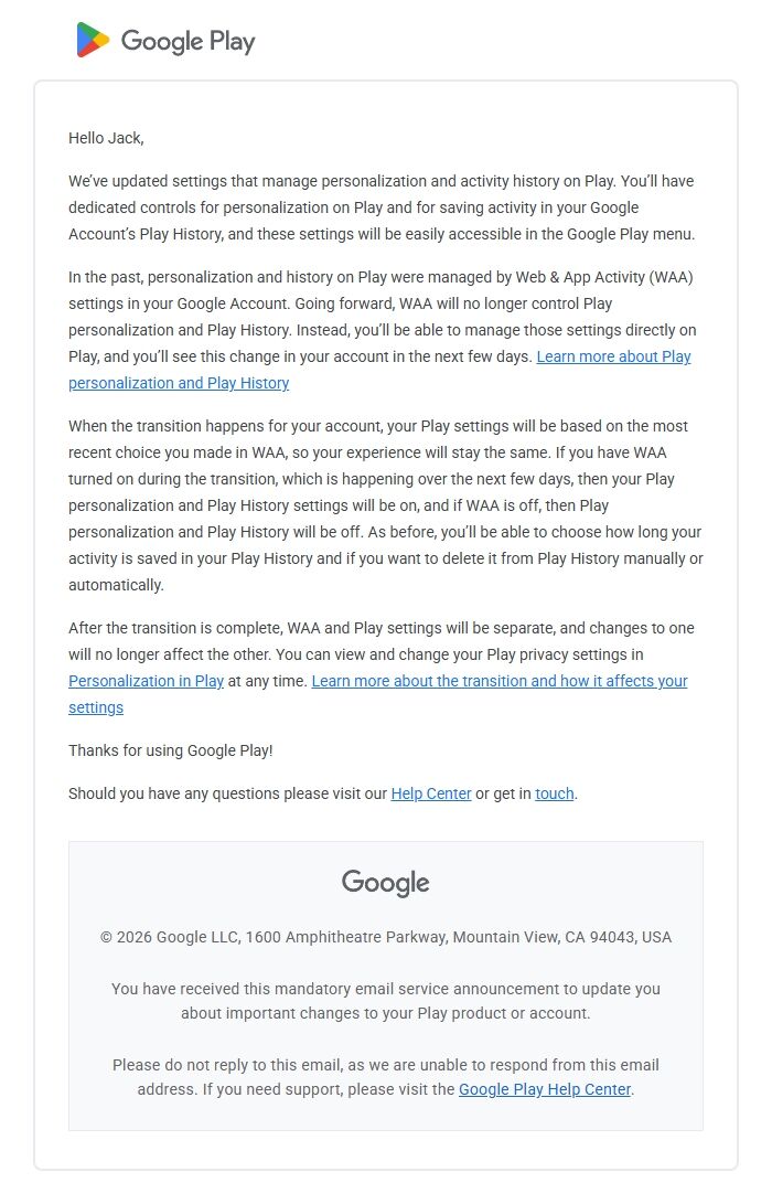 Screenshot of the email generated on import